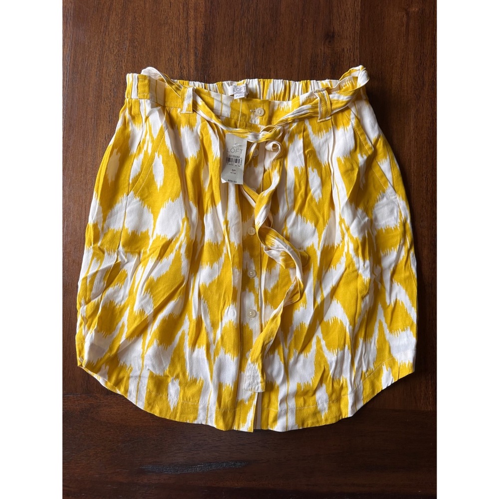 Loft Petites Yellow White Ikat Print Button Front Belted Skirt Size SP NWT
